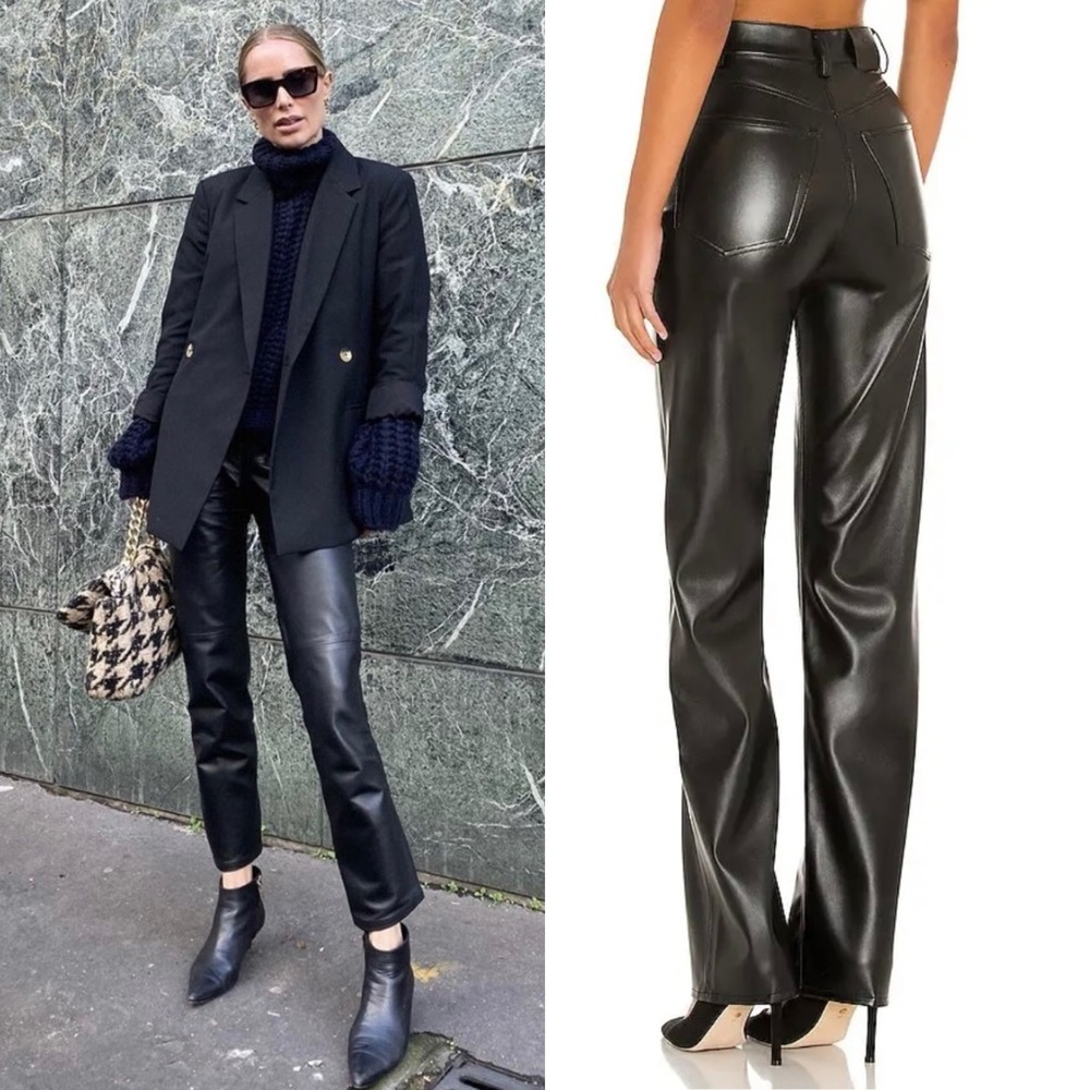 Anine Bing Kat Vegan Leather High Rise Straight Leg Trousers 34| Minimalist Chic